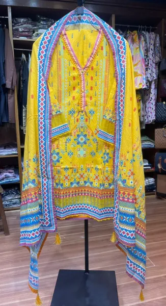 Riwayat Digital Printed lawn Stitched 3pc  Suit_Yellow